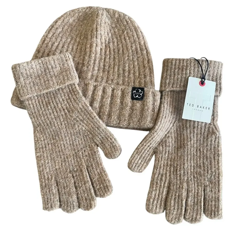 TED BAKER Women's Heather Brown Wool Blend Brite Knit Winter Hat & Glove Set NWT
